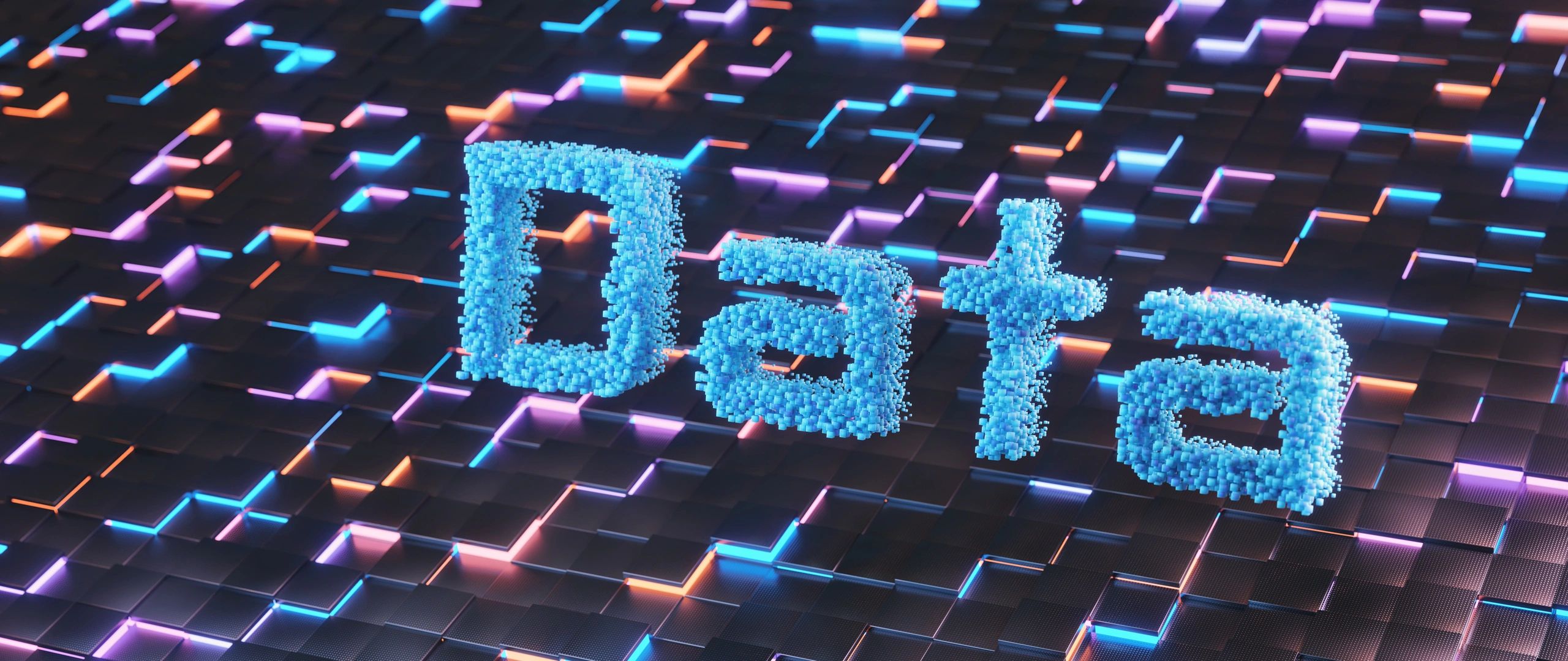 Pixelated word "Data" on a grid of glowing cube shapes